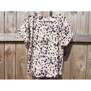 Melloday Womens Pullover Top Blouse Large Tan Black Short Sleeve Career Office